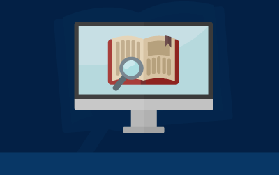 Graphic of a monitor showing a book and a magnifying glass