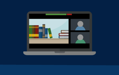 A graphic of a laptop screen with a Zoom call showing a bookshelf